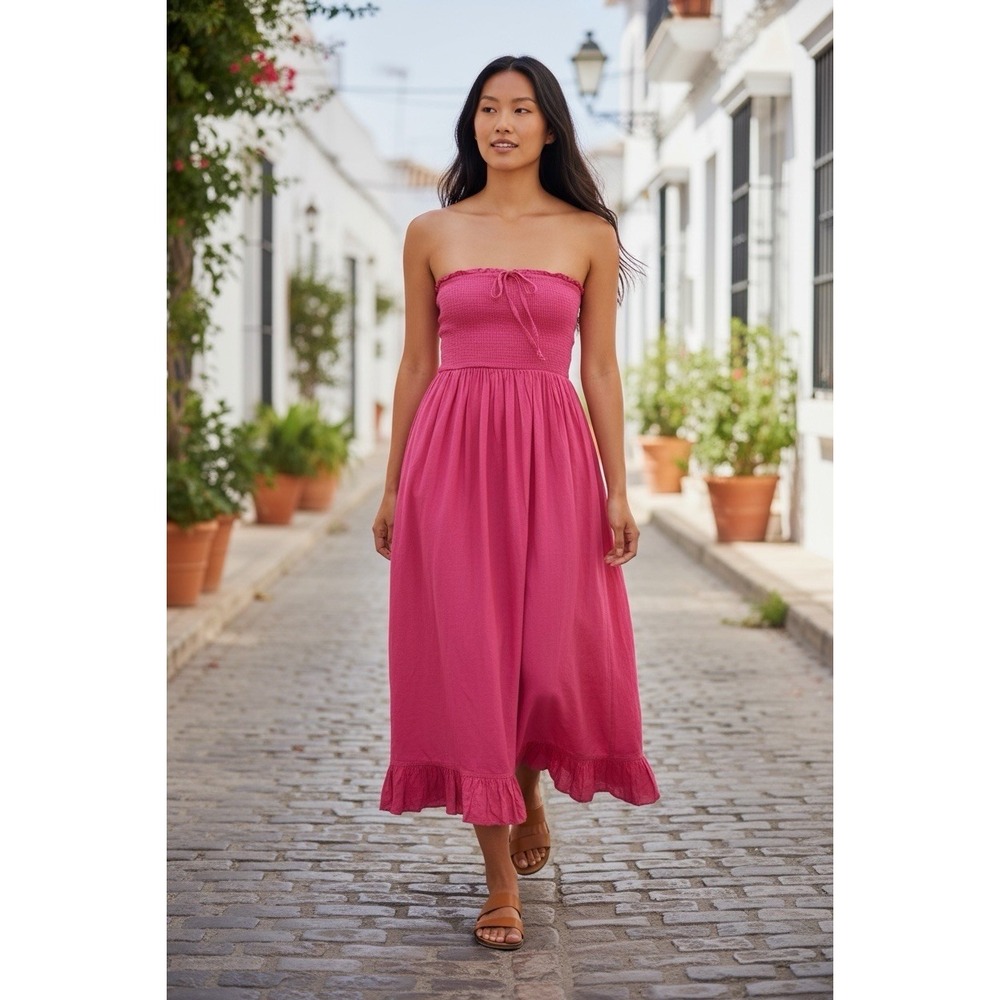 UO Urban Outfitters Penny Smocked Sleeveless Midi Dress Hot Pink Size XL